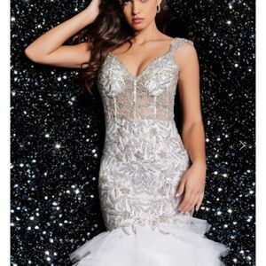 ff White beaded Off the Shoulder Gown 26059